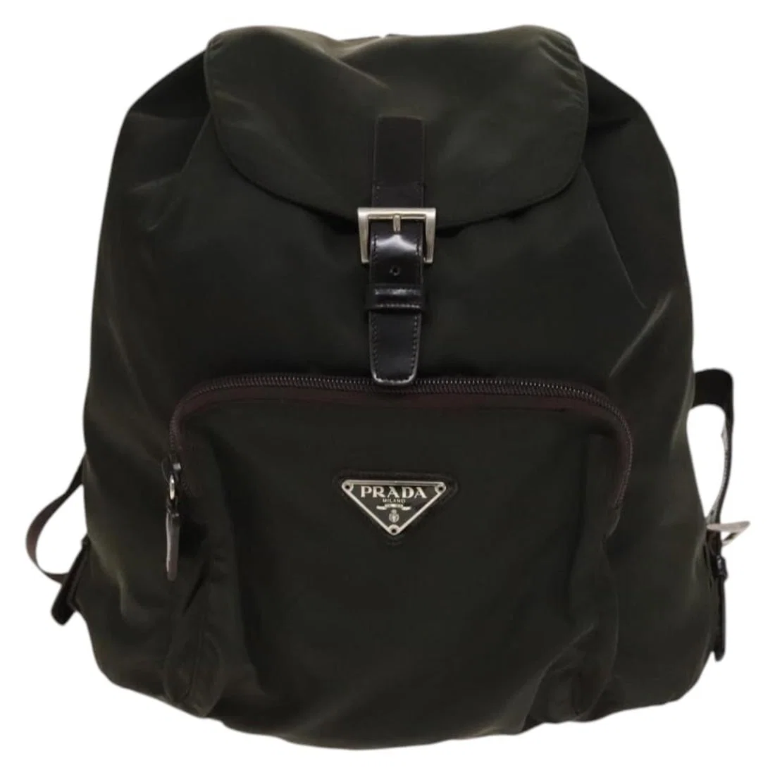 Prada Nylon Khaki Backpack with Front Buckle Pocket