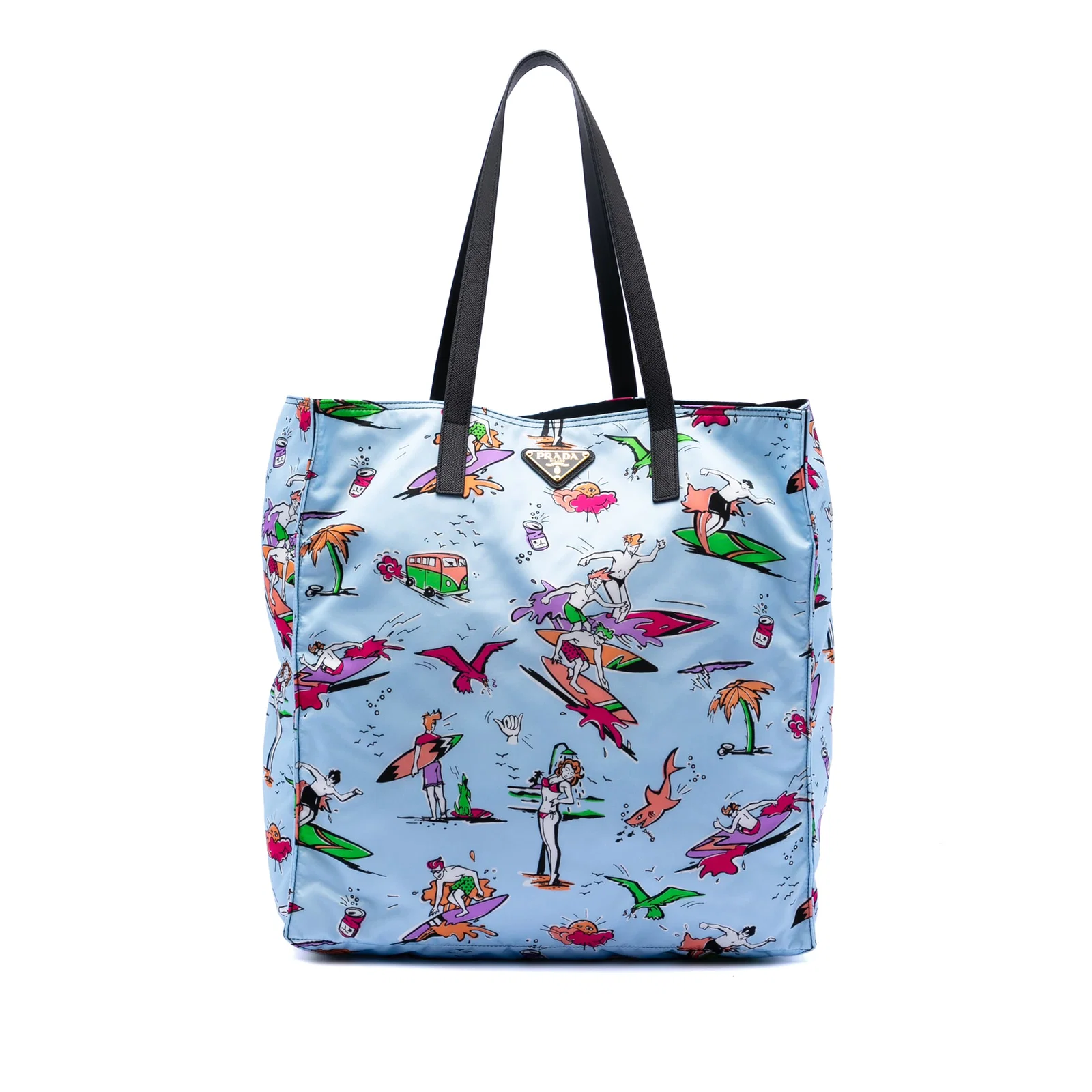 Prada Tessuto Stampato Surf Blue Nylon Tote Bag with Leather Handles
