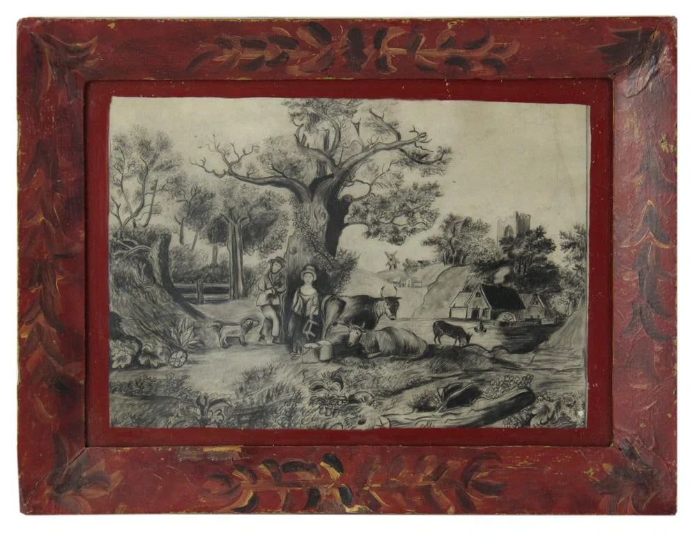 Primitive 19thC Pastoral Scene, Charcoal Drawing