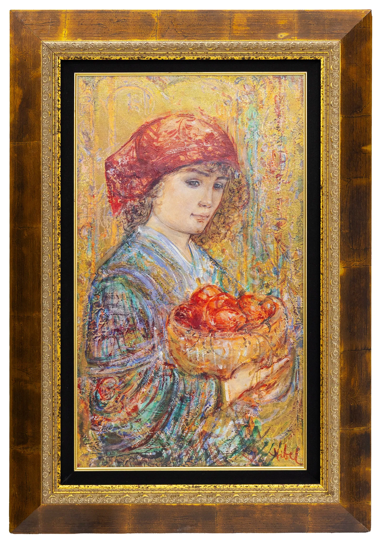 Print after Edna Hibel, Girl with Apples, Print on Canvas