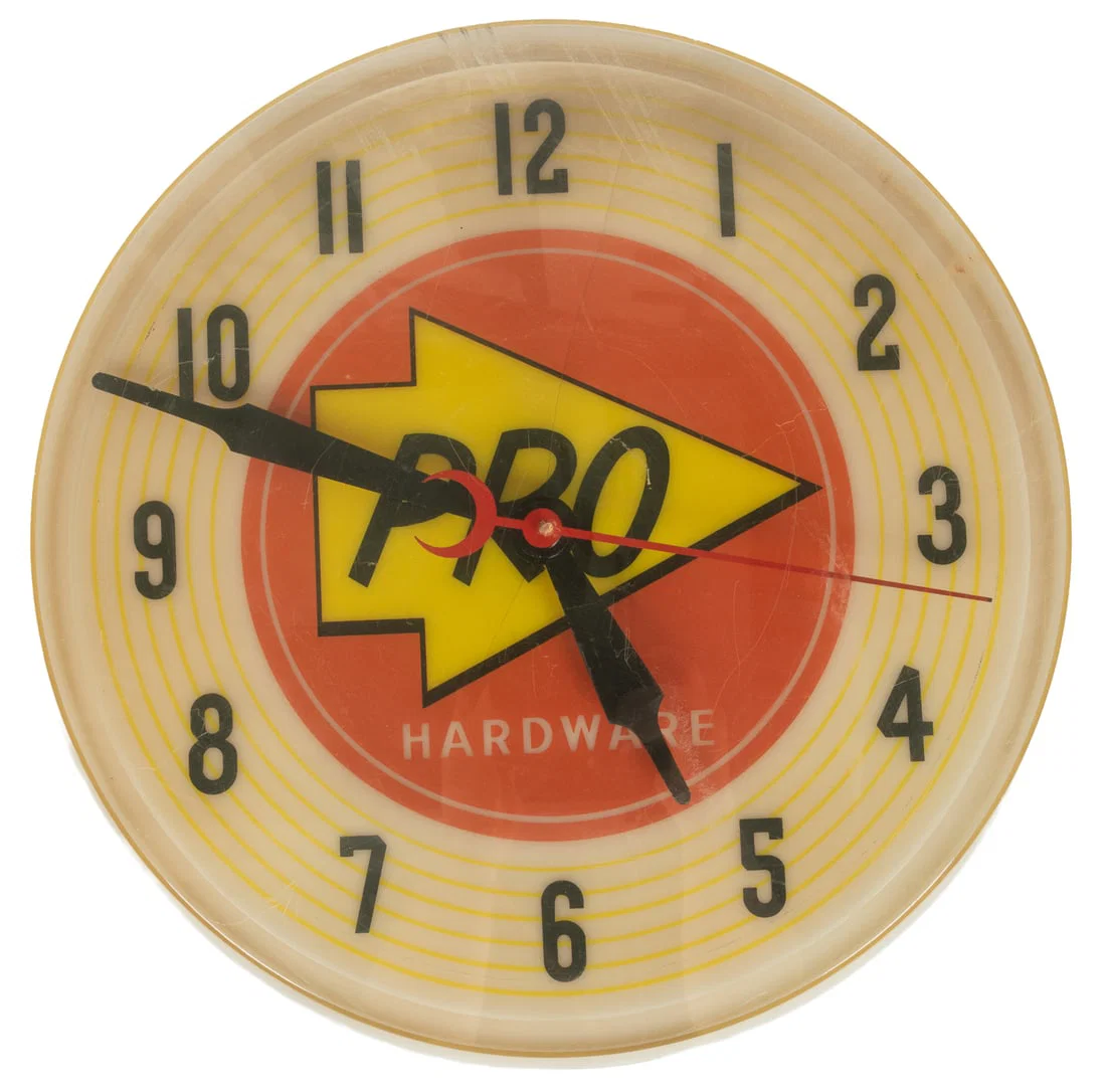 Pro Hardware lighted advertising clock.