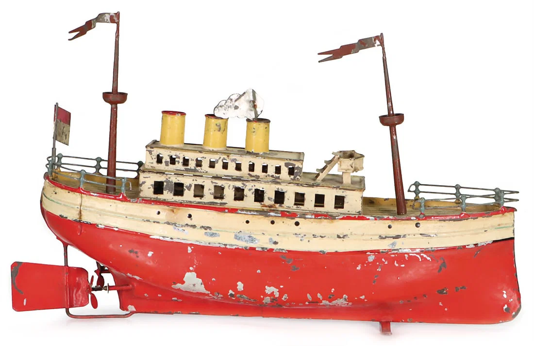 probably BING ocean - liner, tin, used condition, clockwork defective, l: 30 cm, paint defect