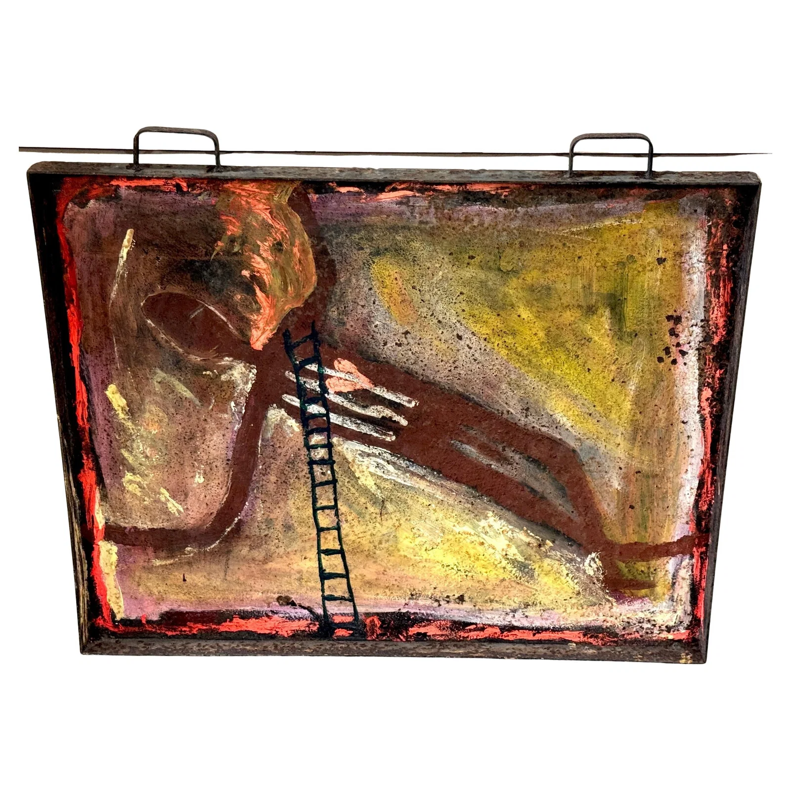 Purvis Young Burning Man Outsider Painting on Steel Tray Signed