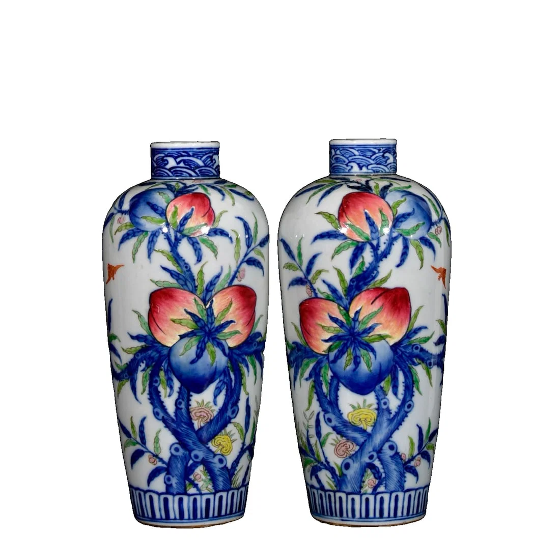Qianlong blue and white enamel nine peach pattern plum vase