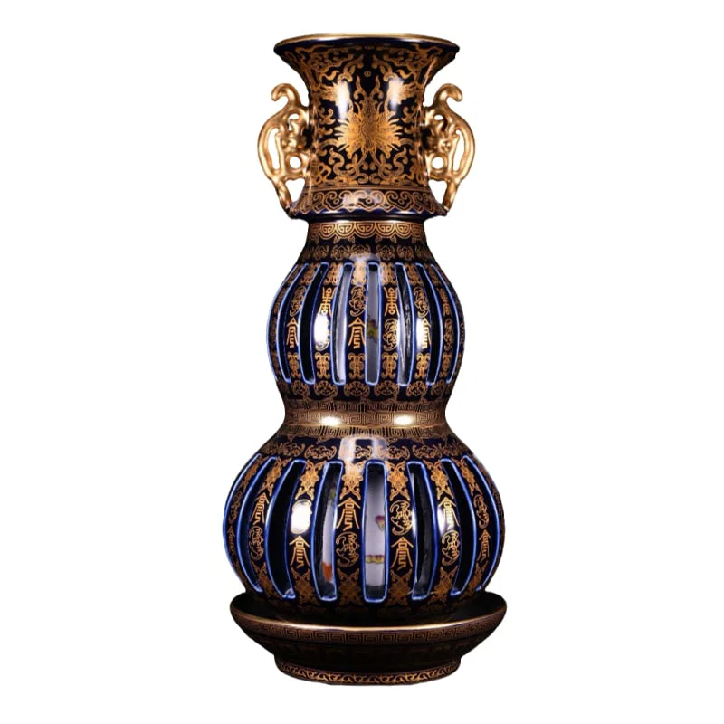 Qianlong mark, sky-blue glazed bottle with blessings and longevity patterns, gourd-shaped.