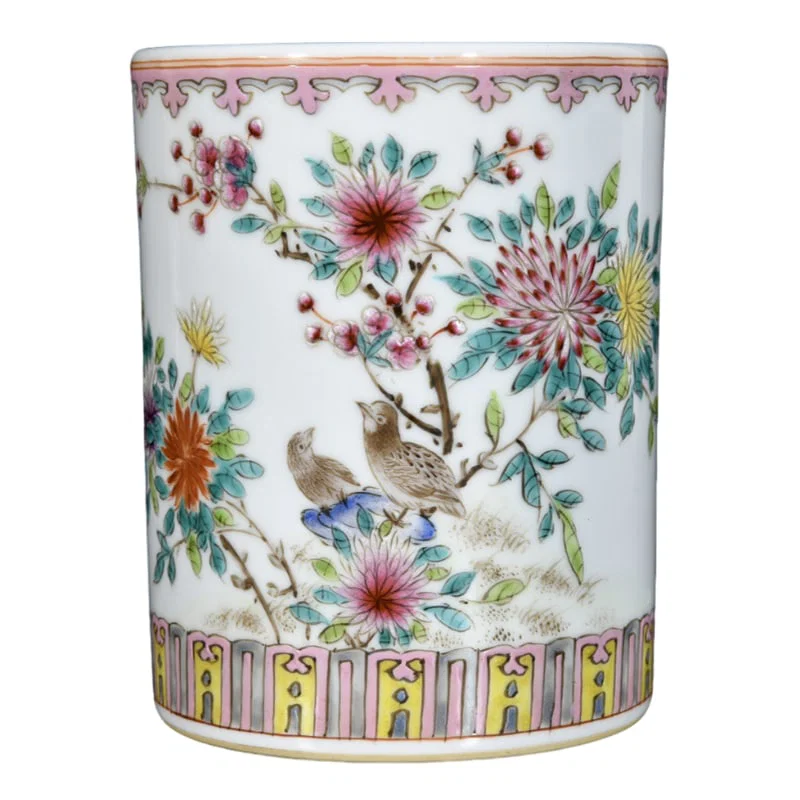 Qianlong period famille rose flower and bird design brush pot