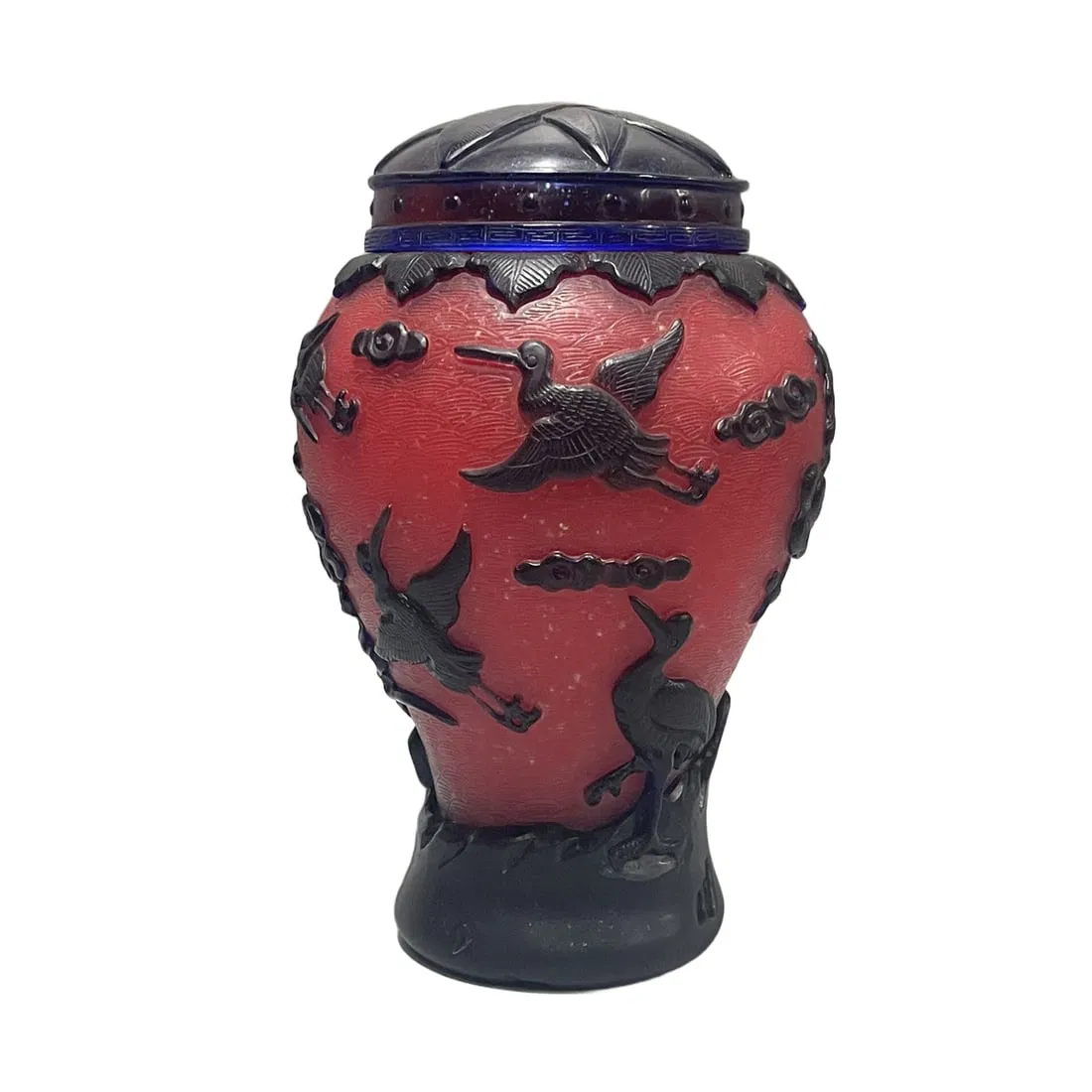 Qianlong Period Glass Relief Crane and Pine Tree Jar