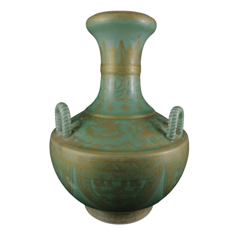 Qianlong period Qing dynasty blue glazed bottle with gold painted lines and tied handles.