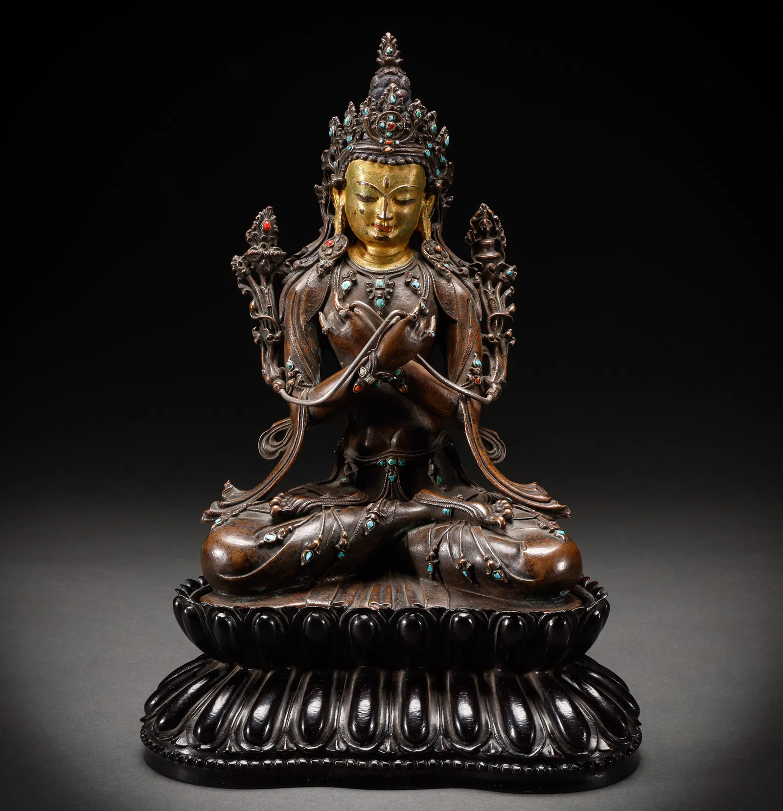 Qing Dynasty Bronze Gilded Gemstone Buddha Statue (Purple Sandalwood Seat)