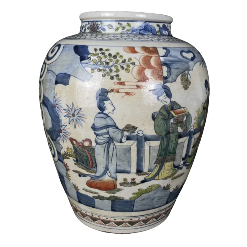 Qing Dynasty double-circle marked polychrome figure story patterned jar