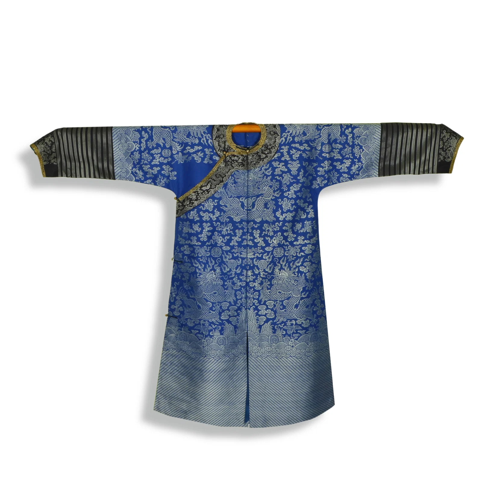 Qing Dynasty Dragon robe with brocade weave on a blue ground
