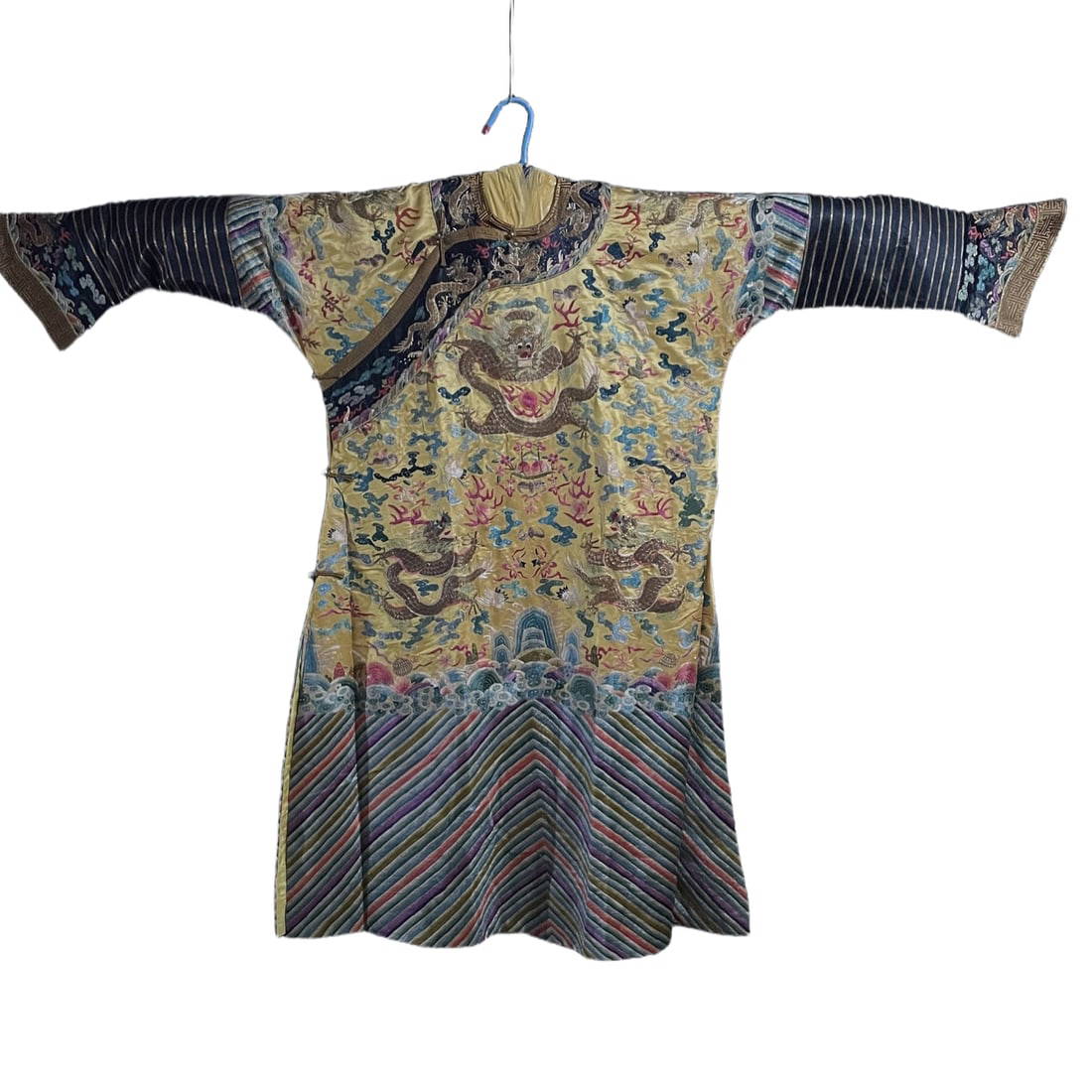 Qing Dynasty Embroidered Dragon Robe, Round Neck with Disc Buttons, Tribute Satin Dragon Robe