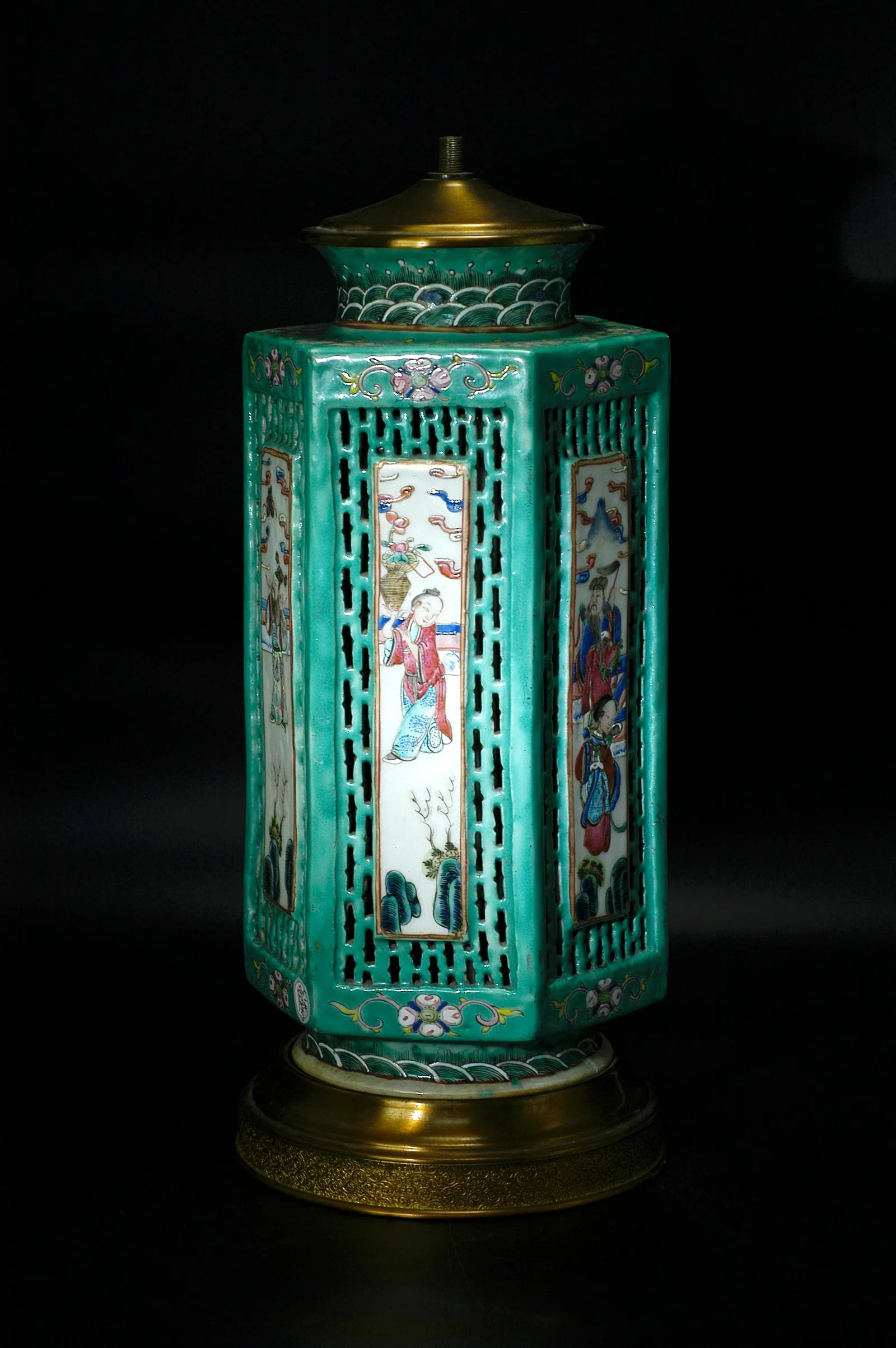Qing Dynasty Famille Rose Figural Reticulated Hexagonal Vase (Converted to Lamp Base)