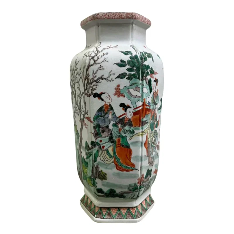 Qing Dynasty Famille Rose Lady Figure Hexagonal Vase
