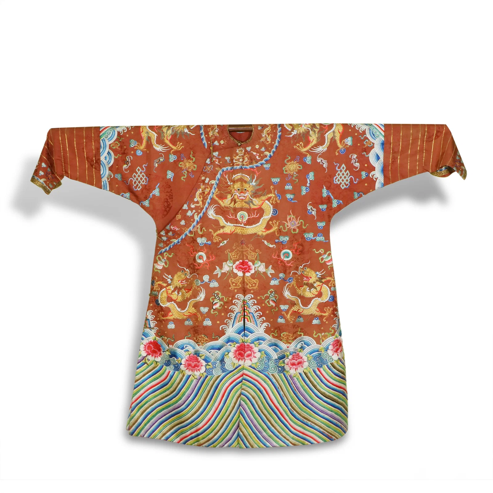 Qing Dynasty Festive robe with coiled golden dragon motifs on a crimson ground, polychrome