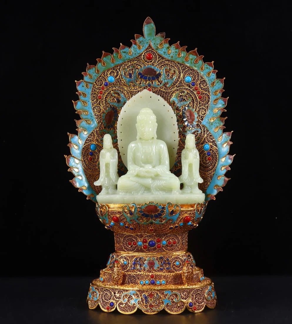 Qing Dynasty Gilt Filigree Figure Group of One Buddha and Two Bodhisattvas Inlaid with Hetian Jade
