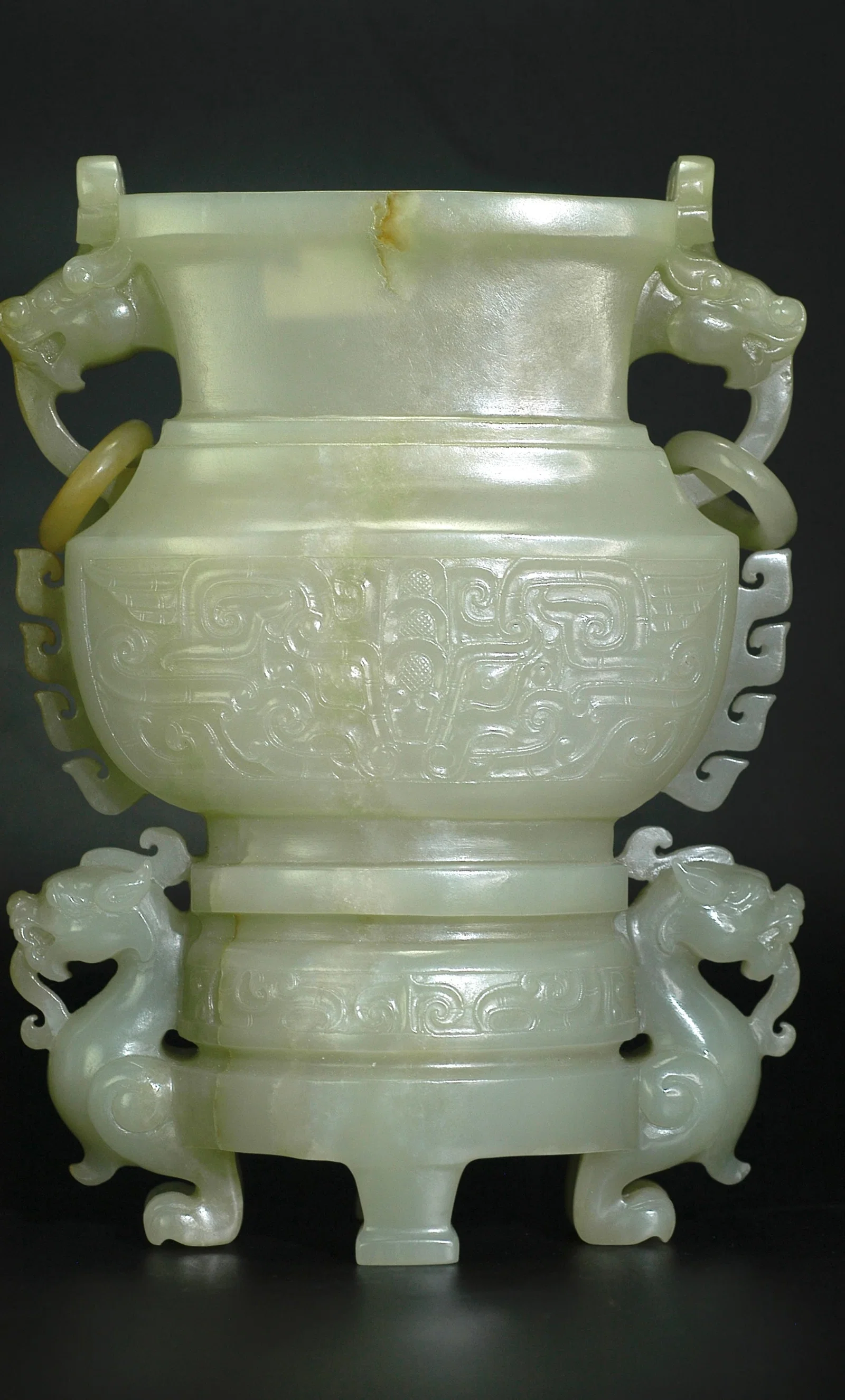 Qing Dynasty Hetian Greenish-White Jade Beast-Handle Ring Double Beast-Foot Vase (Missing Cover)