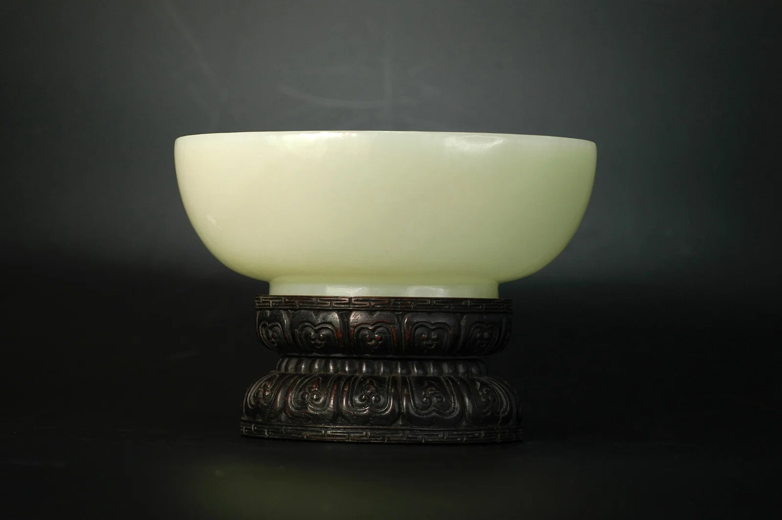 Qing Dynasty Hetian Greenish-White Jade Oval Bowl with Wooden Stand