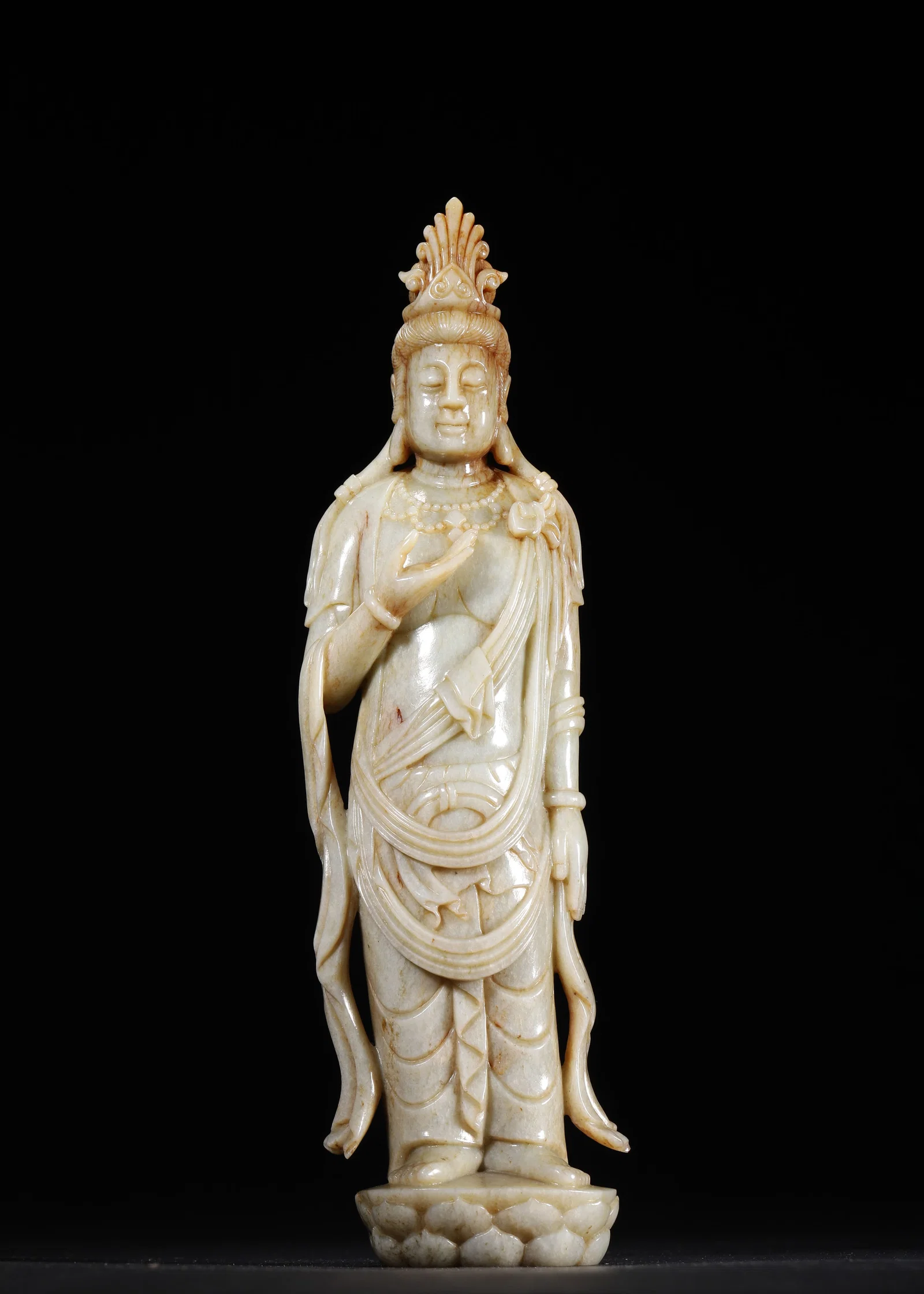 QING DYNASTY PALE GREEN JADE CARVED STANDING GUANYIN STATUE