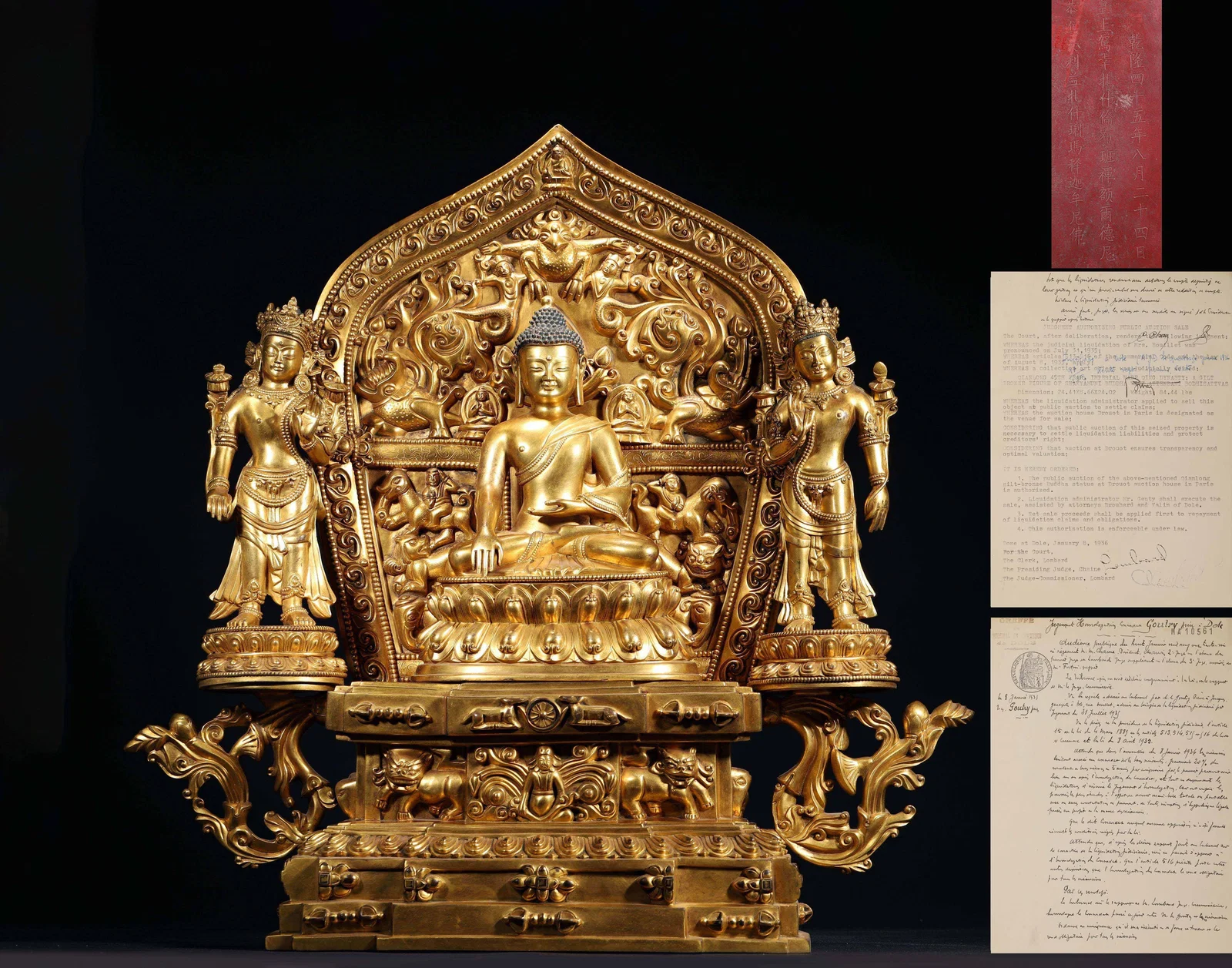 QING Dynasty, QIANLONG 45th Year - Gilt Bronze Figure of SHAKYAMUNI Buddha with Attendant