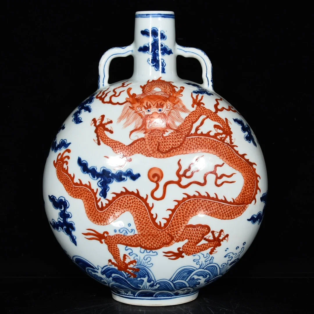 Qing Dynasty Qianlong blue and white alum red dragon flat bottle