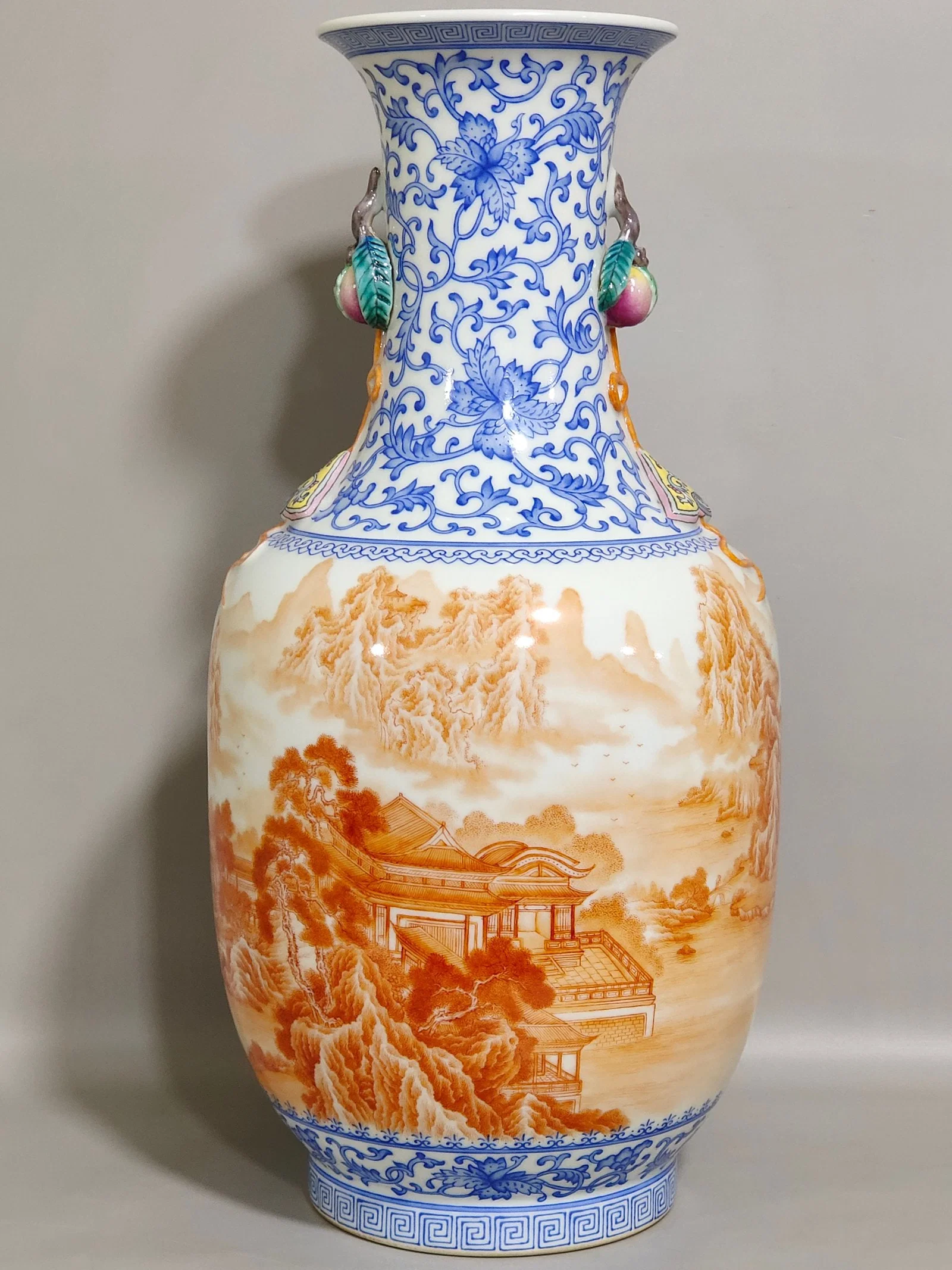 Qing Dynasty Qianlong blue and white alum red landscape poems attic amphora