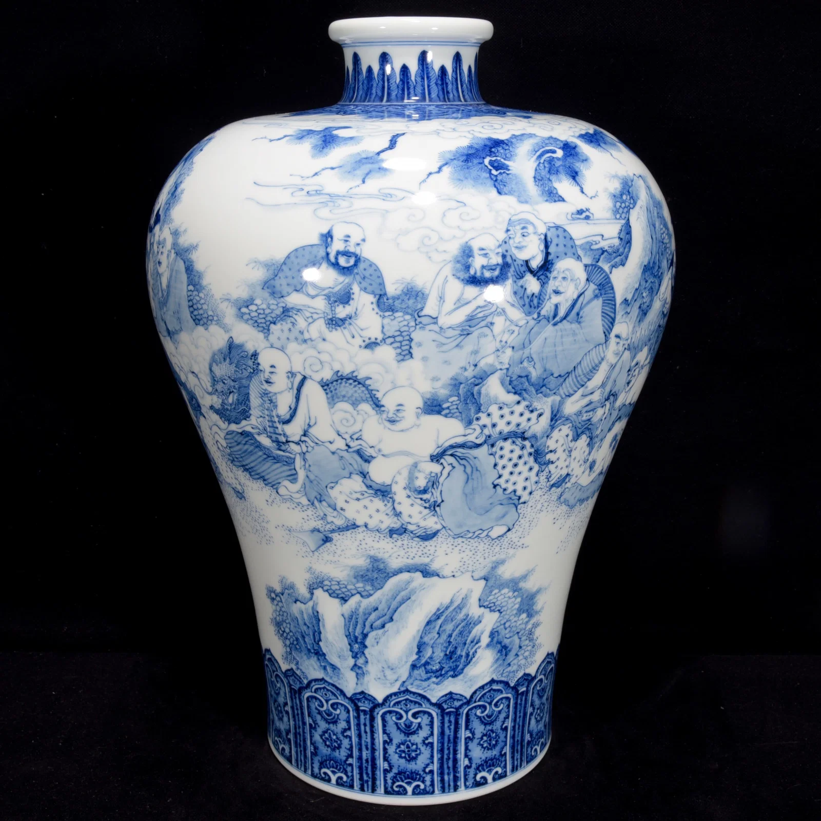 Qing Dynasty Qianlong blue and white eighteen Arhat plum vase