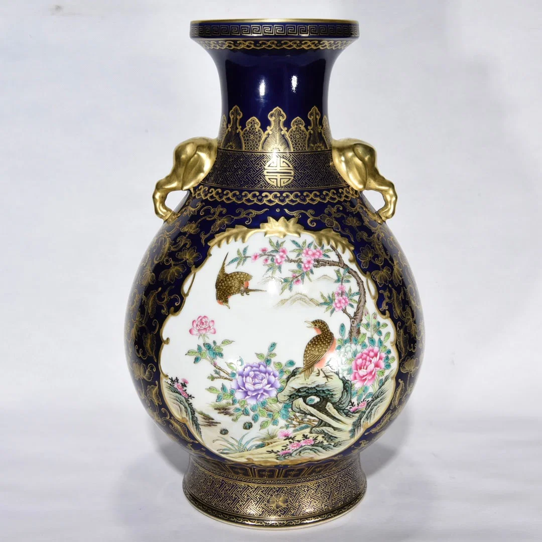 Qing Dynasty Qianlong blue-glazed gold and enamel flowers and birds amphora