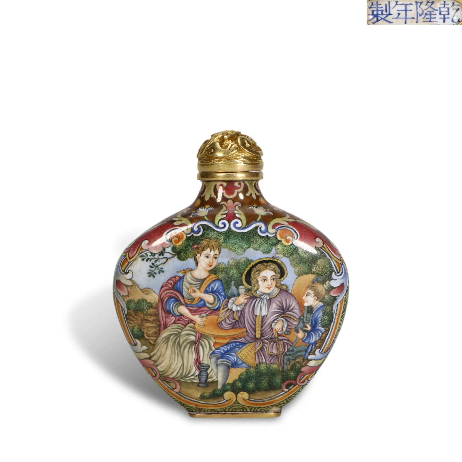 Qing Dynasty Qianlong Period, Copper-Bodied Painted Enamel Snuff Bottle with Western Figures