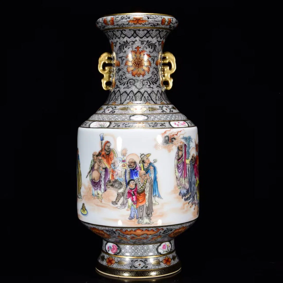 Qing Dynasty Qianlong Period Pastel Eighteen Arhats Gilt Ruyi Amphora