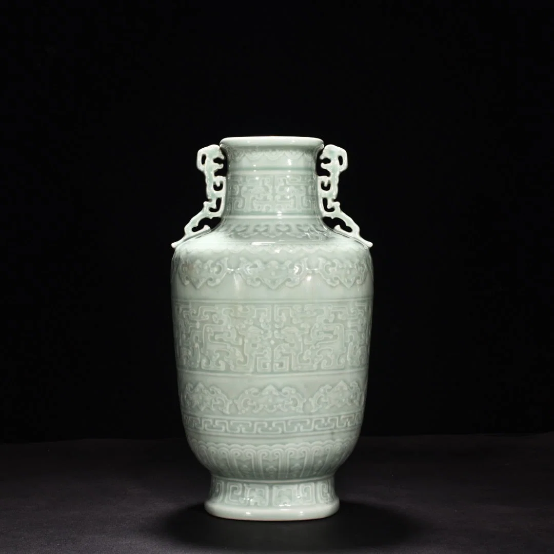 Qing Dynasty Qianlong pink celadon glaze carved Kui dragon double-eared square vase