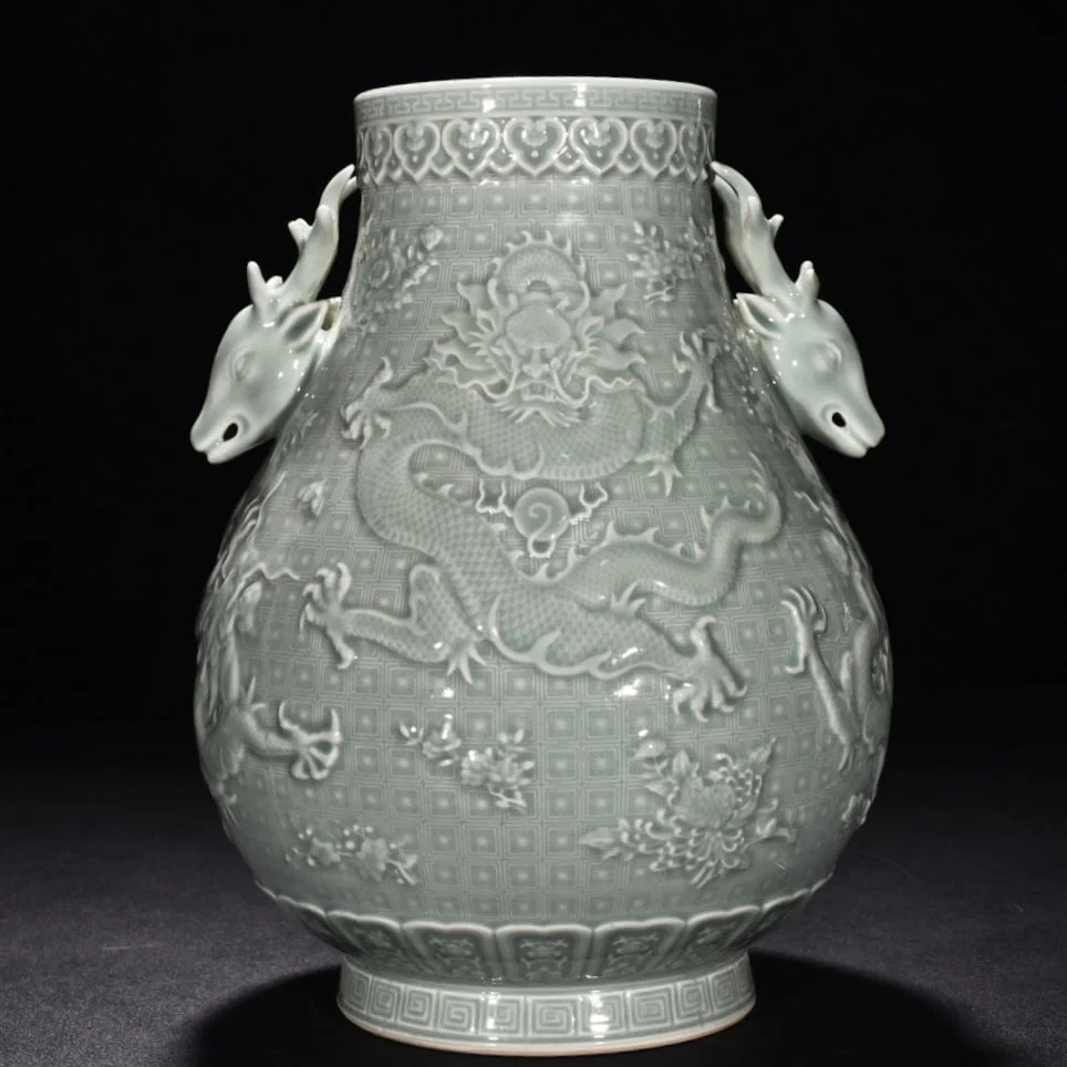 Qing Dynasty Qianlong pink celadon glaze five dragon deer head statue