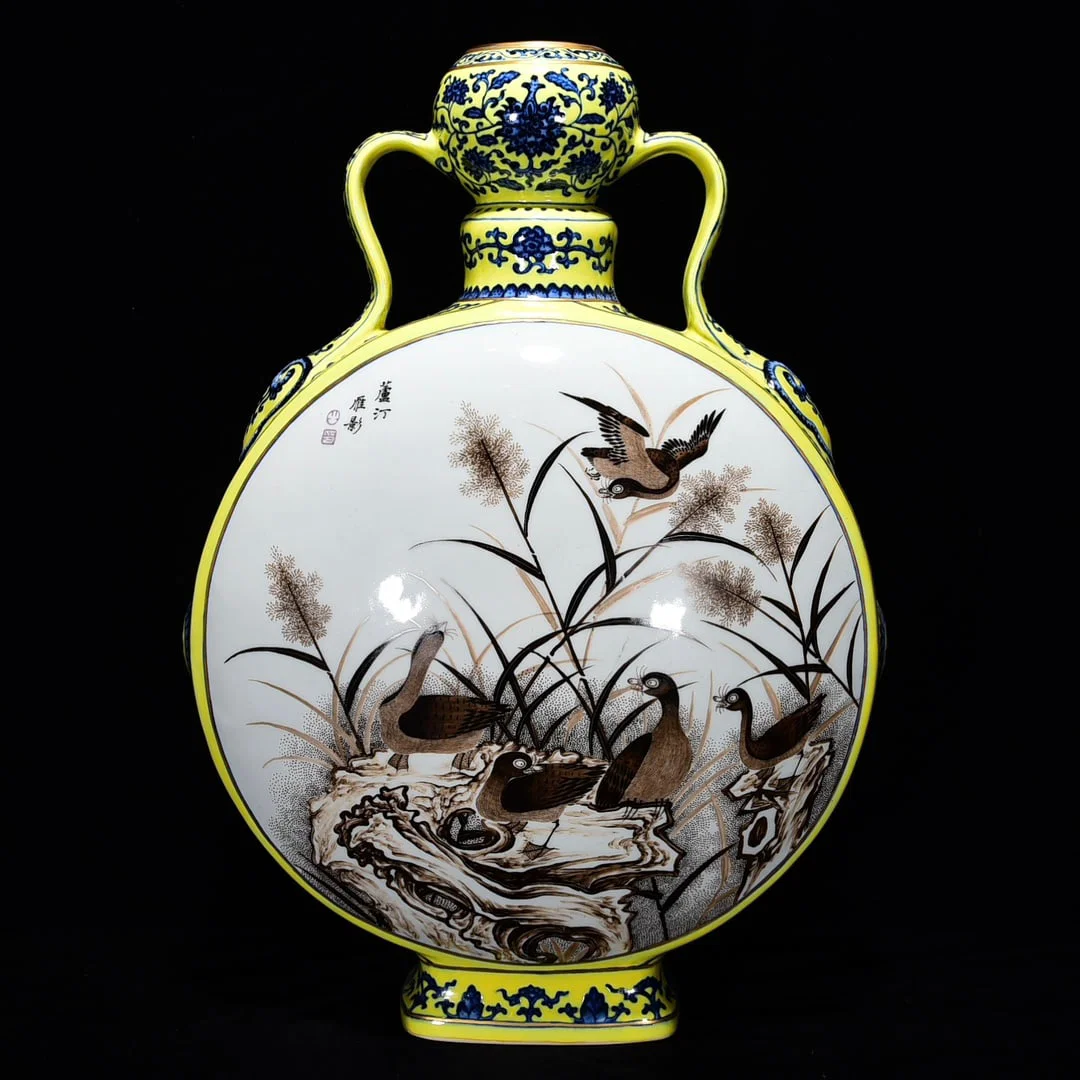 Qing Dynasty Qianlong yellow ground blue and white ink color flat vase