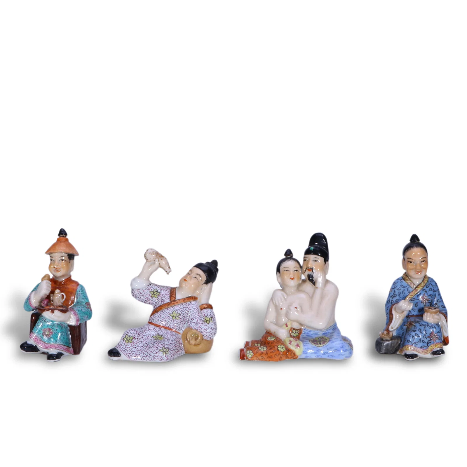 Qing Dynasty Set of Famille Rose Porcelain Sculptured Snuff Bottles themed ??Eating, Drinking,