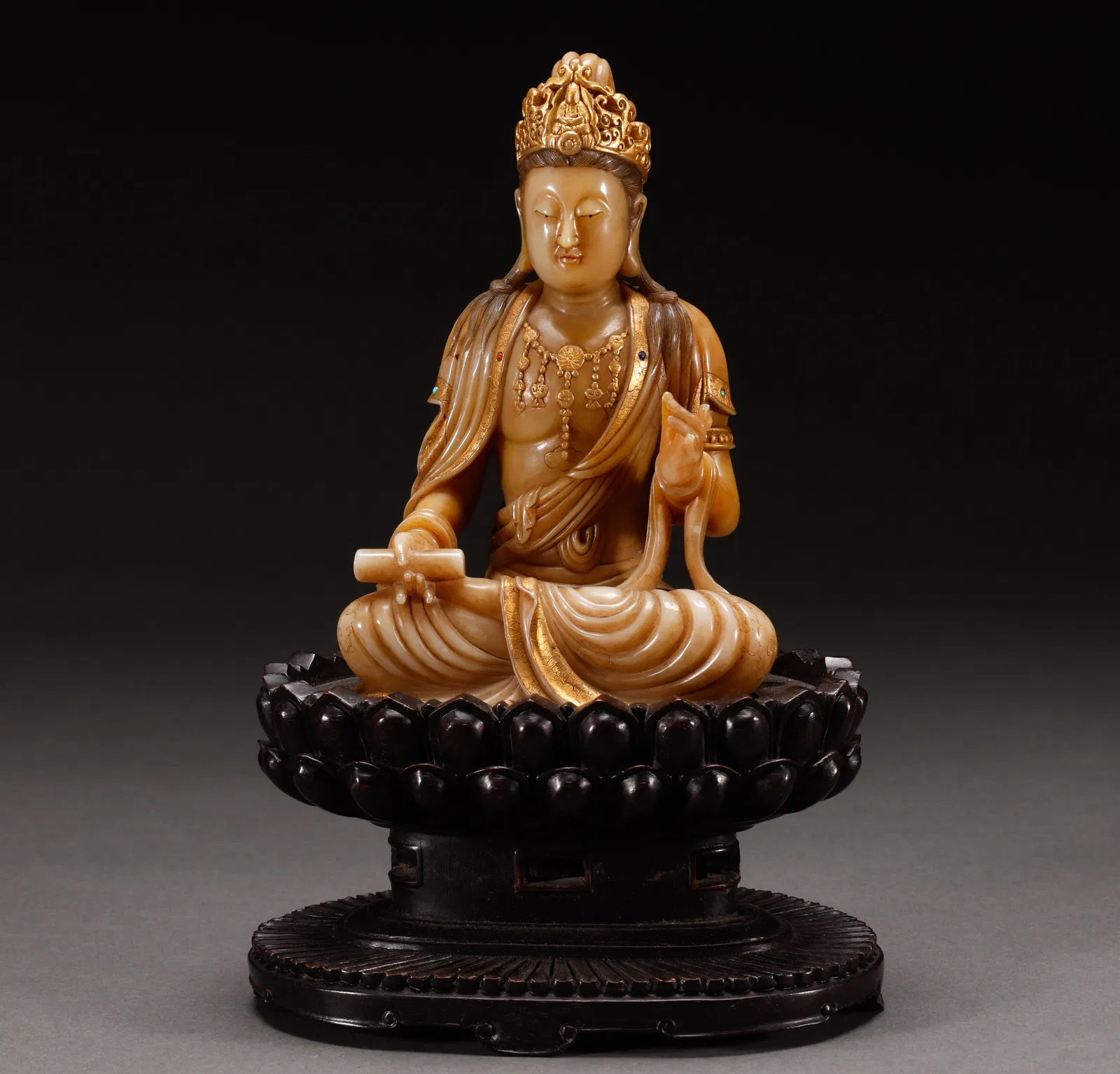 Qing Dynasty Shoushan Stone Carving Golden Guanyin Statue