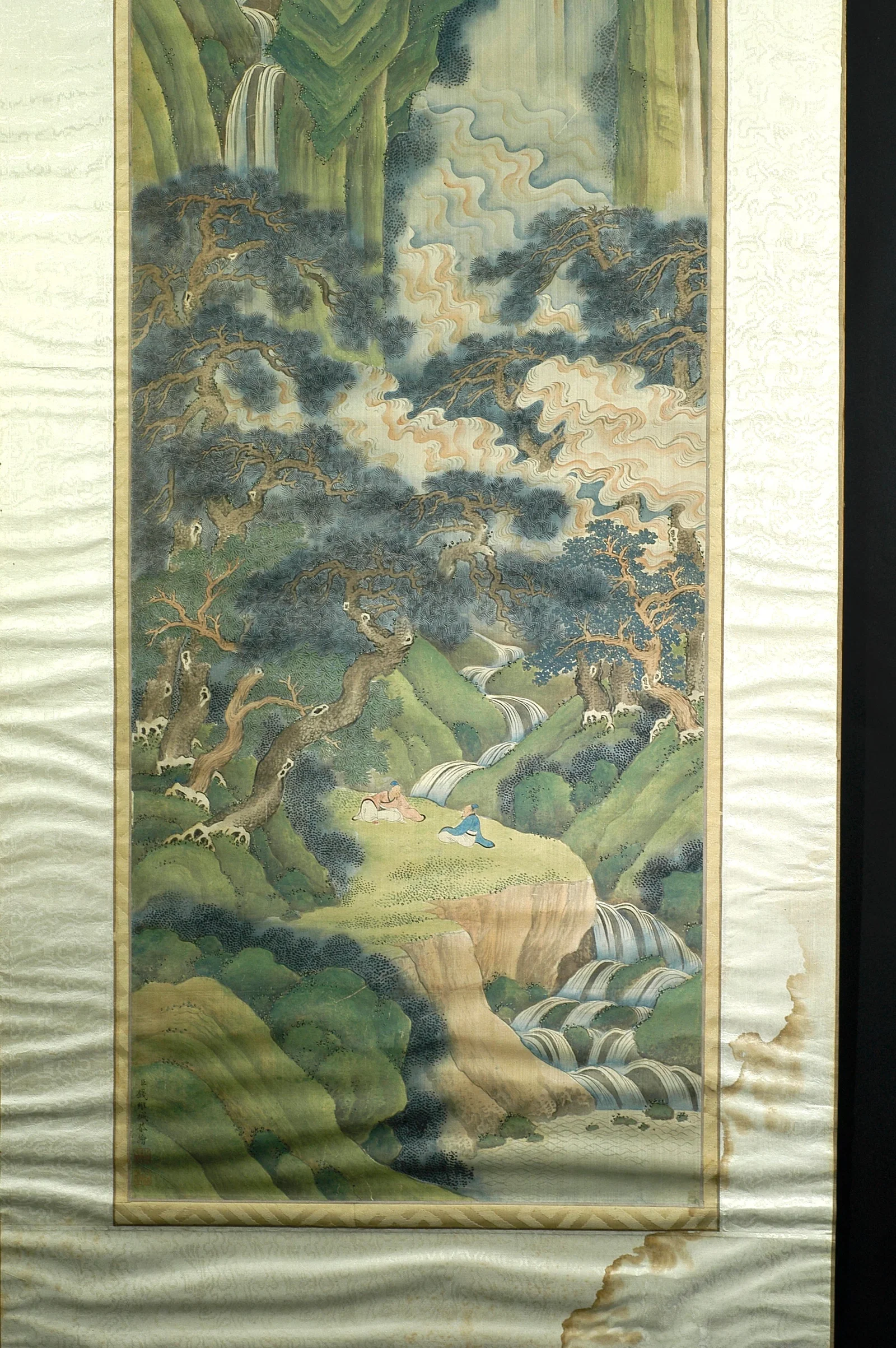 Qing Dynasty Silk Painting Landscape Figures Hanging Mirror Frame