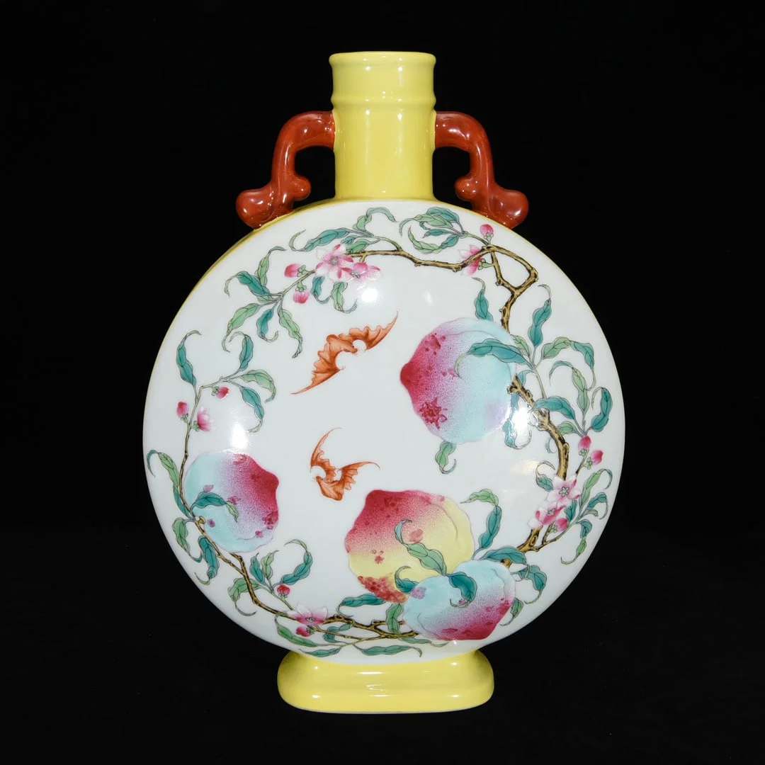 Qing Dynasty Yongzheng famille rose and longevity Ruyi ear flat vase