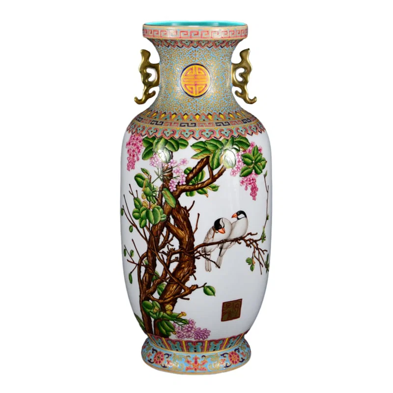 Qing Dynasty Yongzheng Famille-Rose Flower and Bird Double-Ear Vase