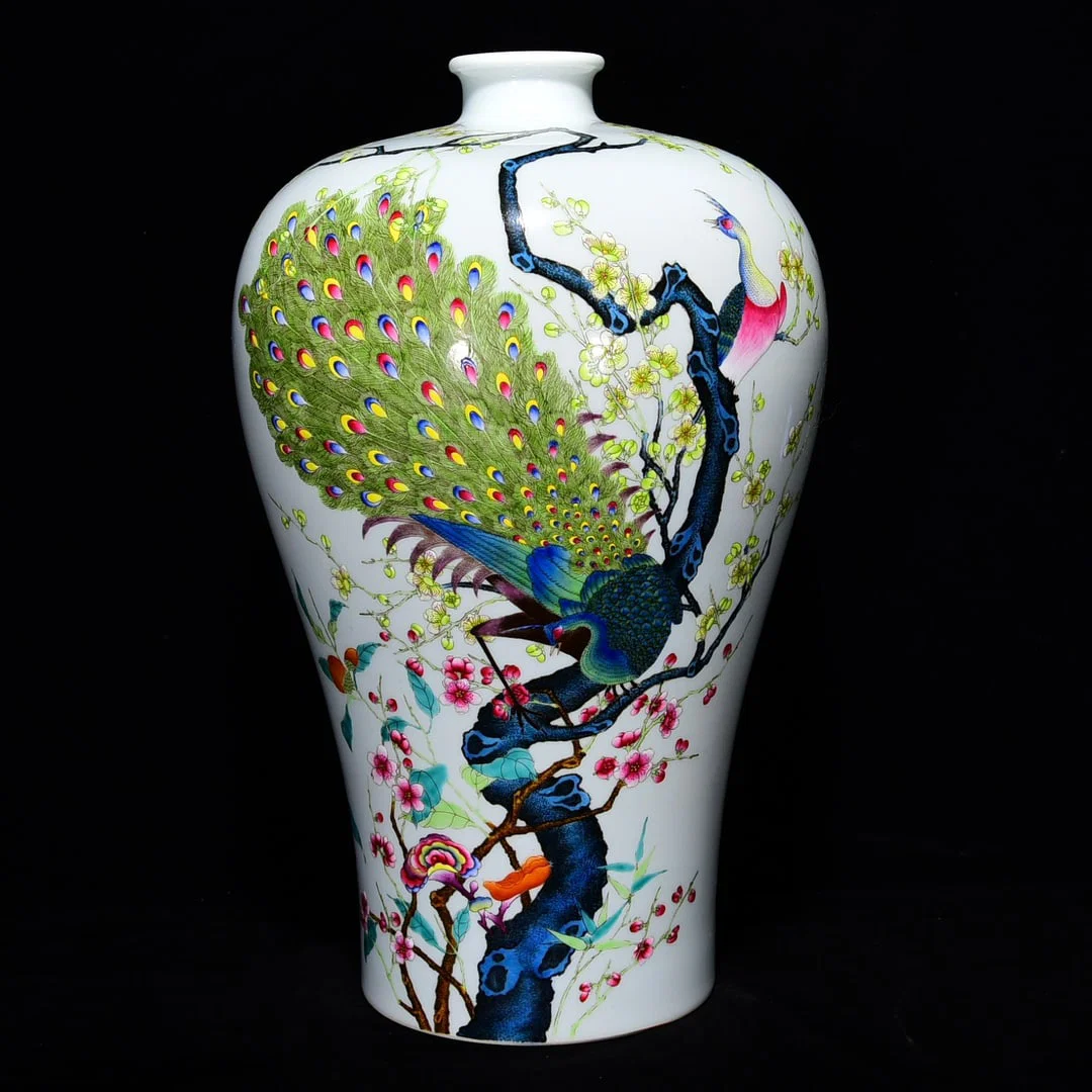 Qing Dynasty Yongzheng famille rose red phoenix and sunburst plum vase