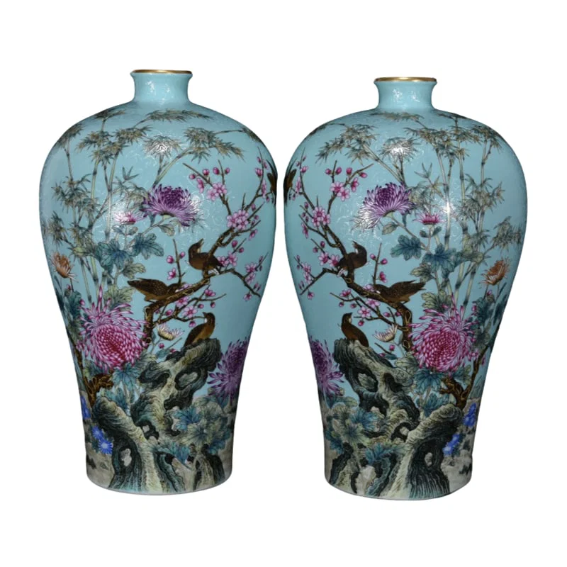 Qing Dynasty Yongzheng period spinach green ground famille rose 'flower and bird' meiping vase.