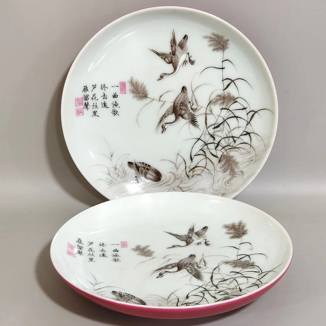 Qing Dynasty Yongzheng rouge red ink reed goose plate