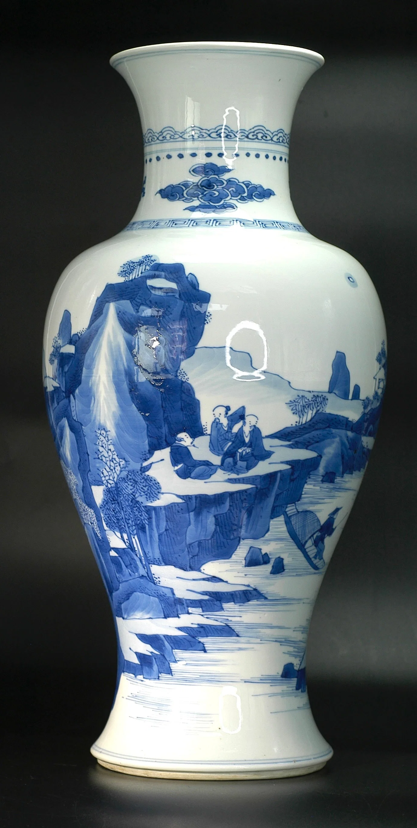 Qing Kangxi Blue and White Landscape Figures Guanyin Vase with Double-Circle Mark