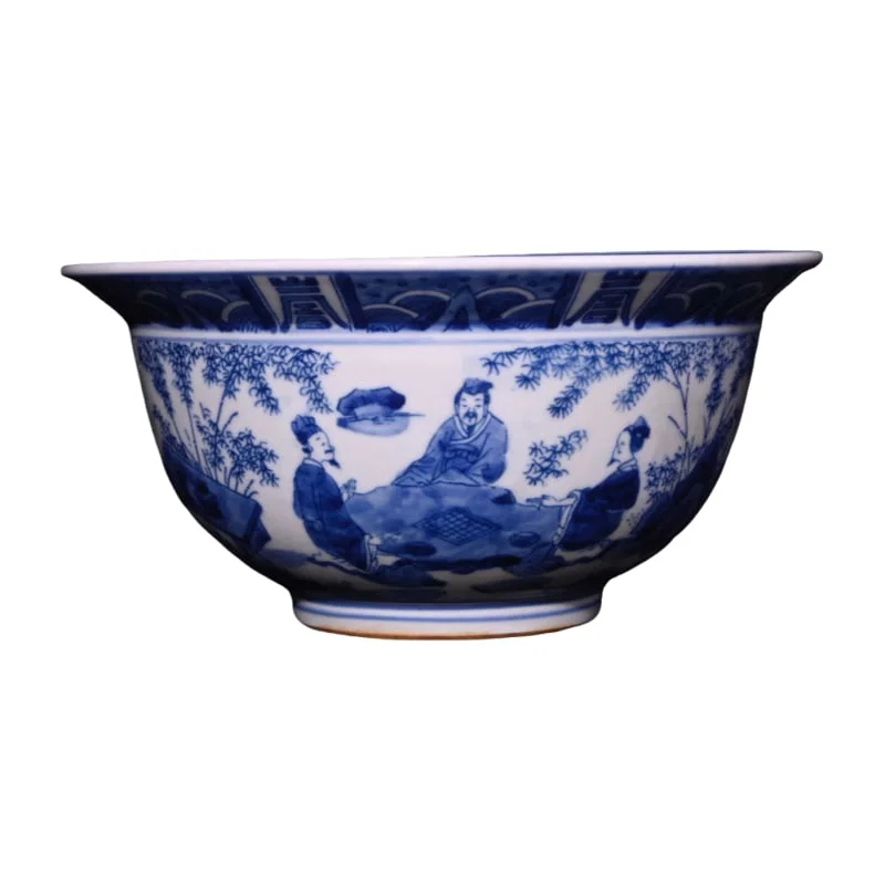 Qing Kangxi period blue and white bowl with figures and story pattern on the rim