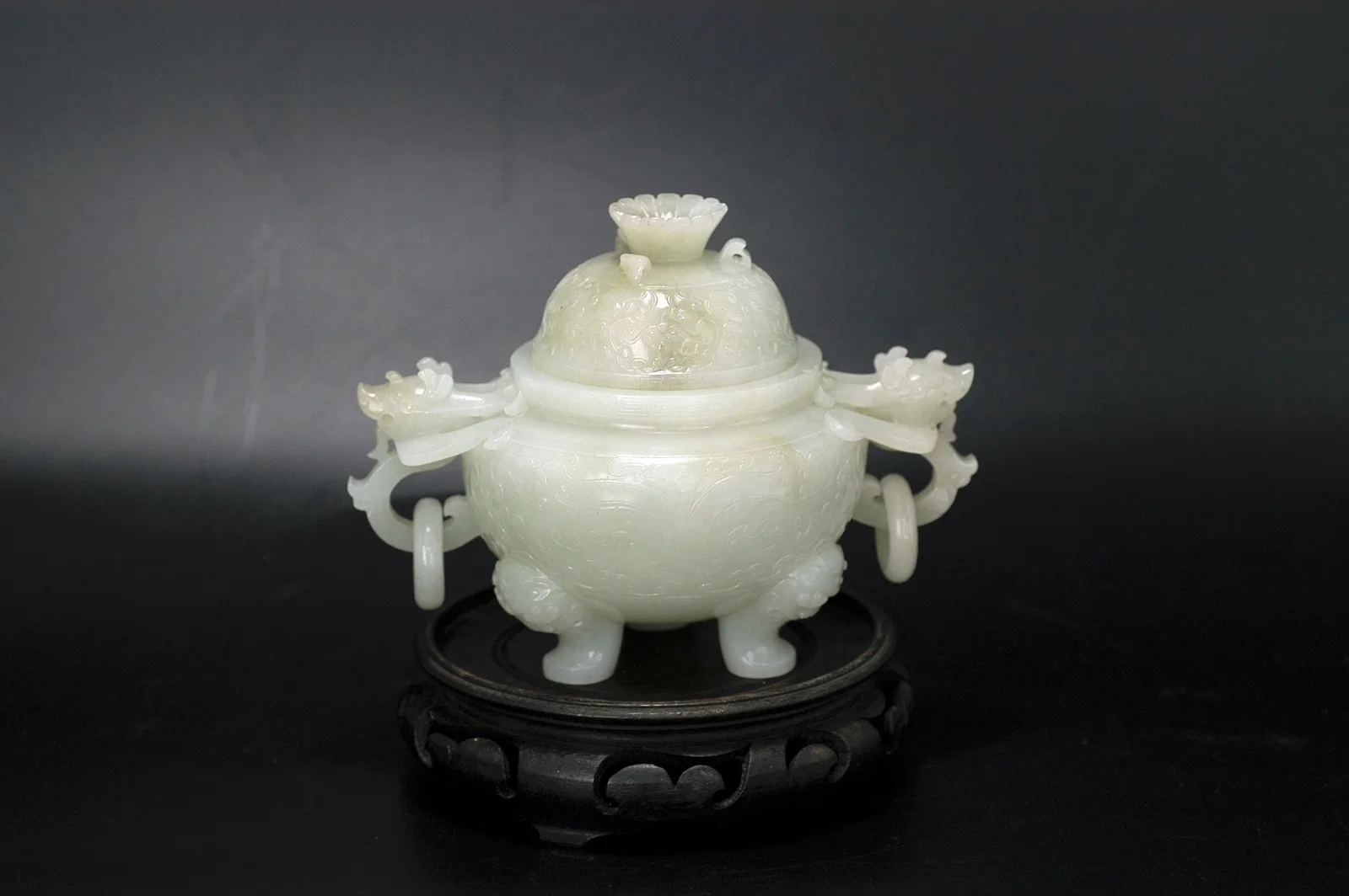Qing Mid-Period Greenish-White Jade Beast-Face Dragon-Handle Ring Three-Legged Censer