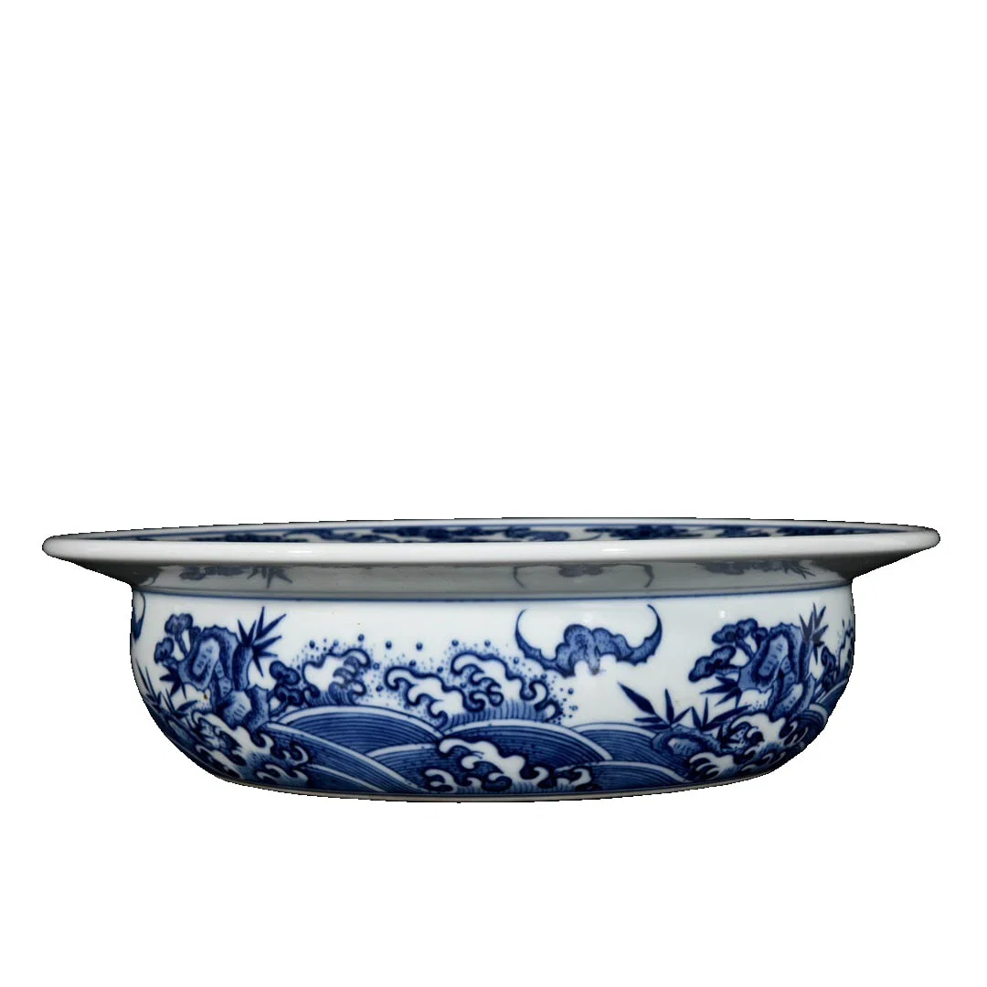 Qing Yongzheng Blue and White Basin with Fu Hai Shou Shan Pattern