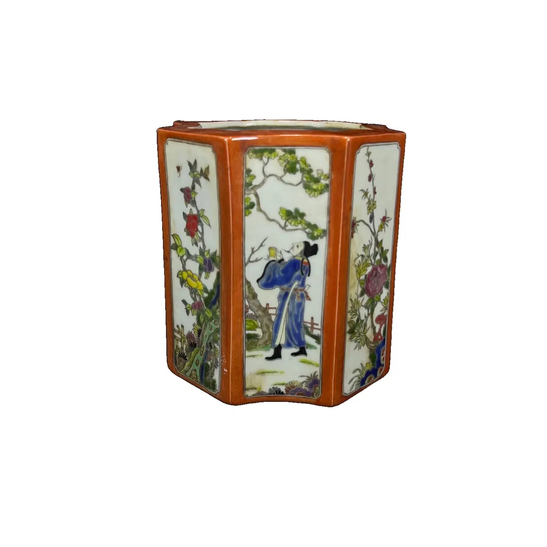 Qing Yongzheng Famille Rose Figure and Bird Brush Pot