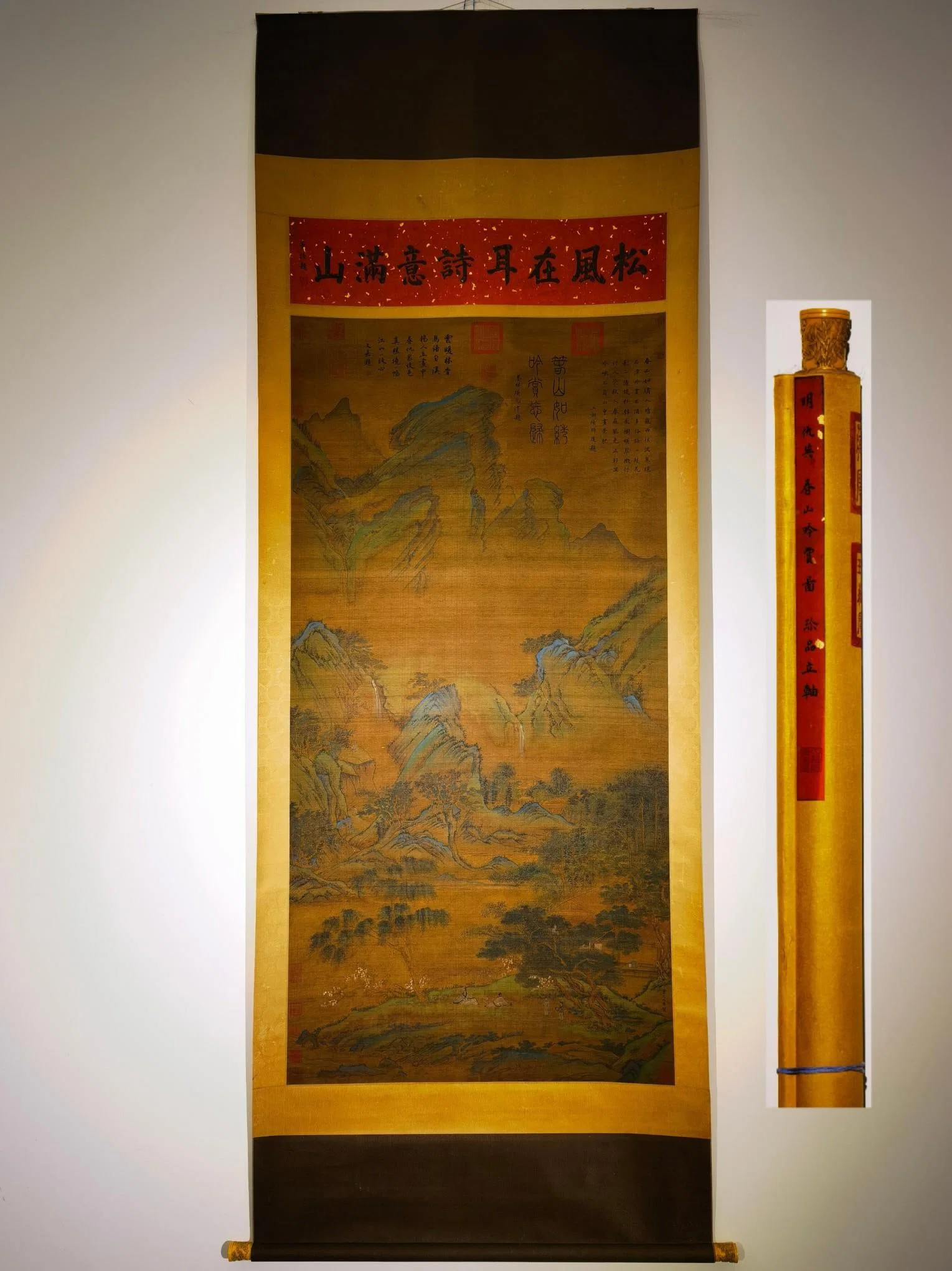 Qiu Ying, eight-foot silk scroll (Spring Mountain Appreciation), landscape hanging scroll
