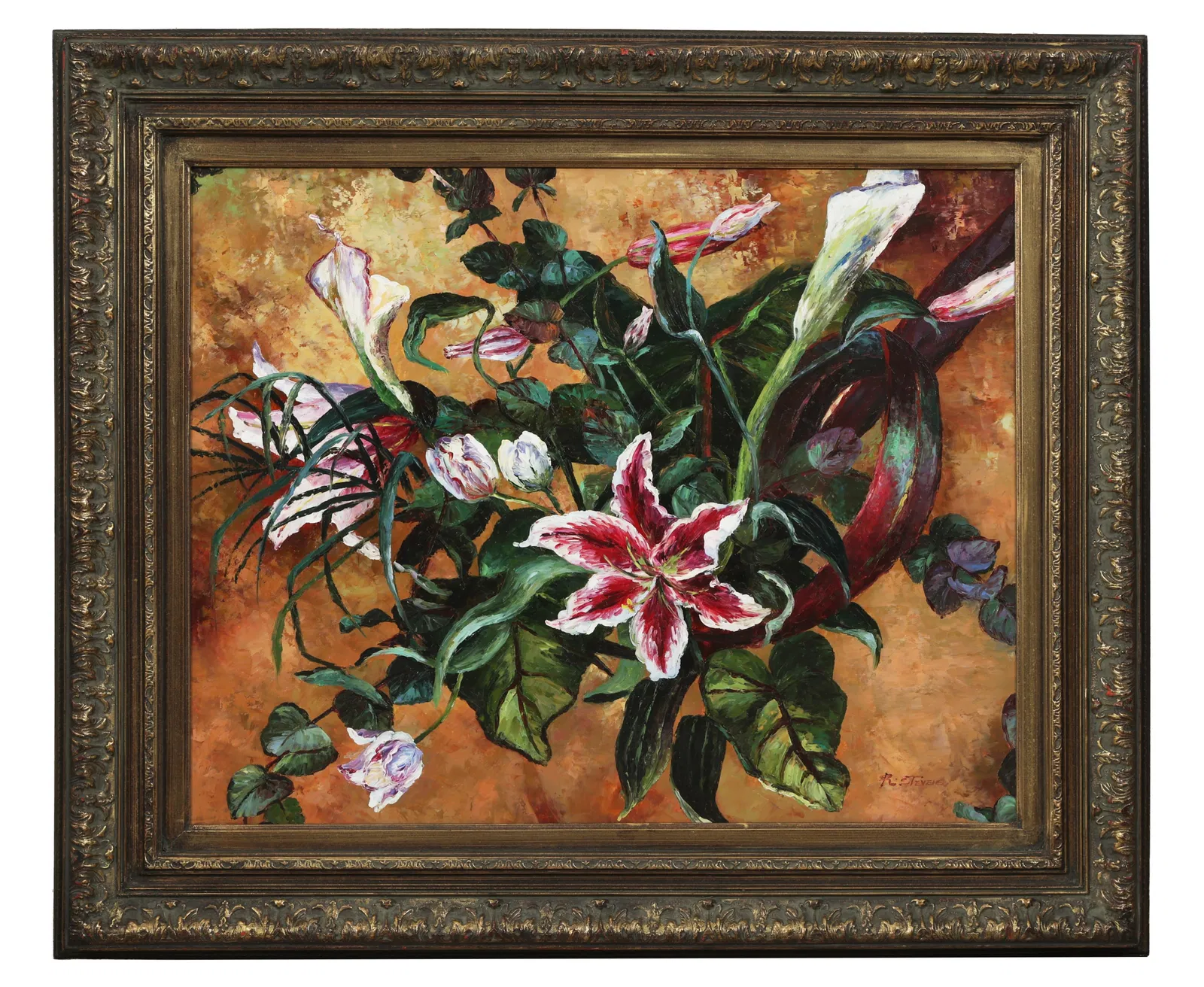 R. Stevens, "Floral Still Life of Red and White Stargazer Lillies," H.- 24 in., W.- 30 1/8 in.,