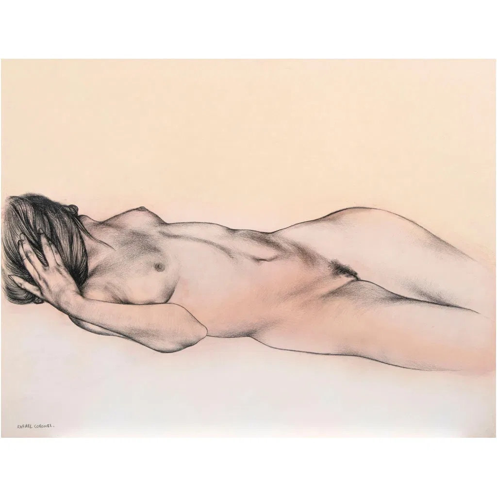 RAFAEL CORONEL. Sin título (Desnudo). Firmado. Carboncillo y pastel sobre cartón. 60 x 78 cm
