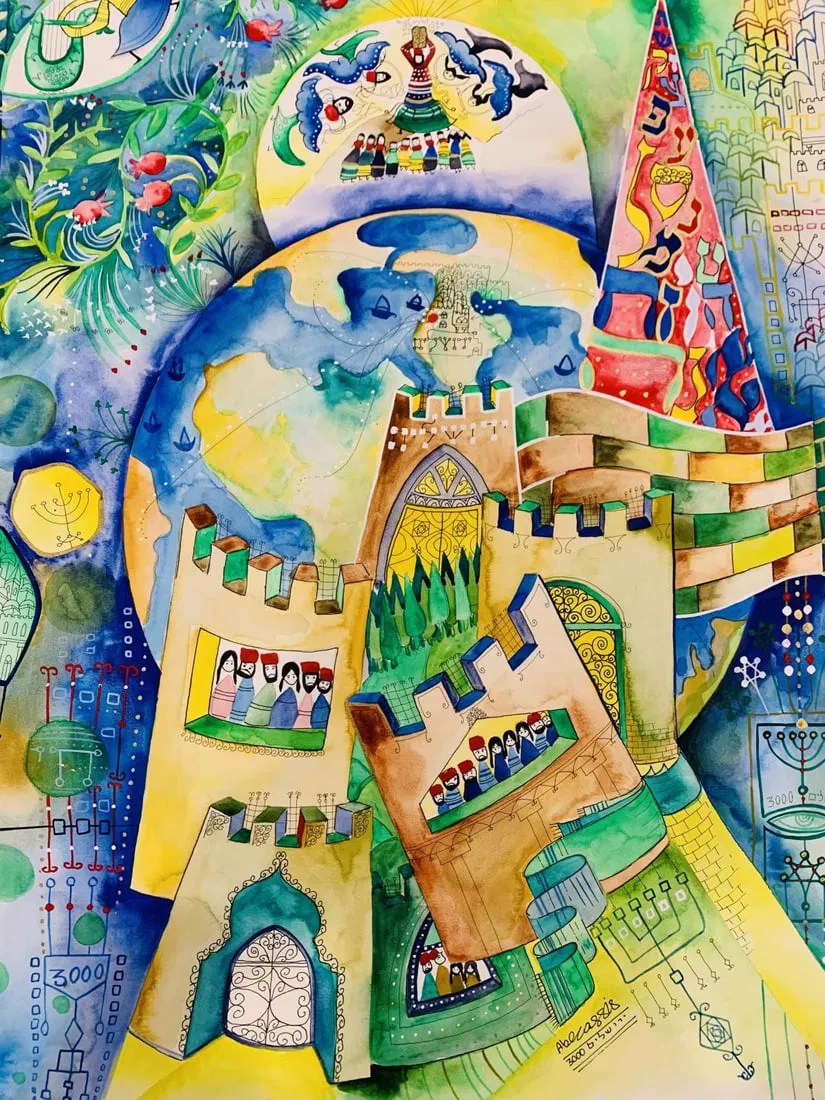 Raphael Abecassis- Original gouache on paper "Jerusalem 3000"